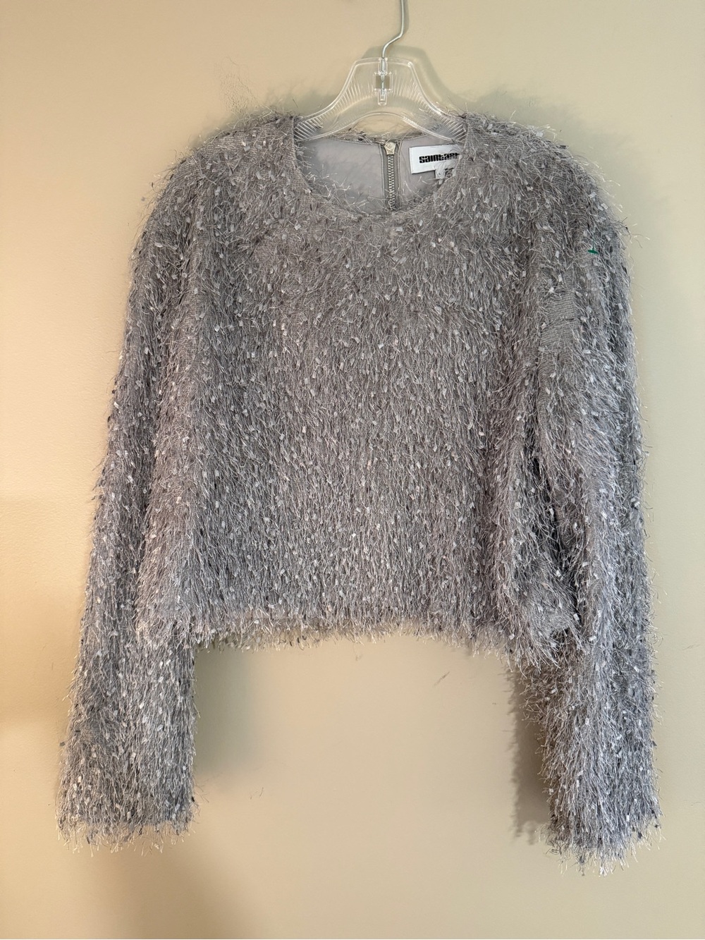 Saint Art Greta Feather Top Large Silver Gray Cropped Holiday